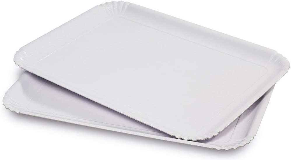 Vassoi di carta bianco 26×35 e 31×42 cm, vassoi usa e getta per feste, vassoio rettangolare per dolci, pasticcini, pizzette - immagine 5